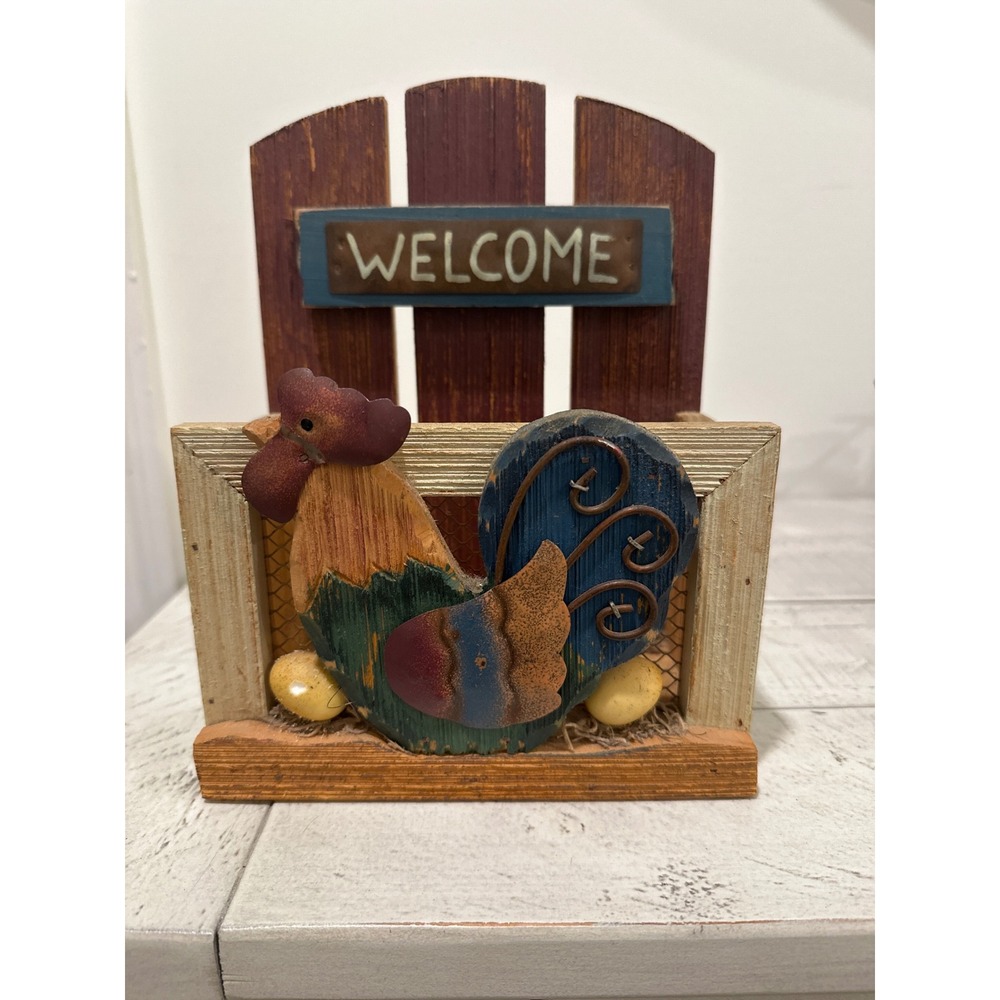 Rustic Wooden Rooster Welcome Box Wall Pocket Farmhouse Decor Picket Fence Sign